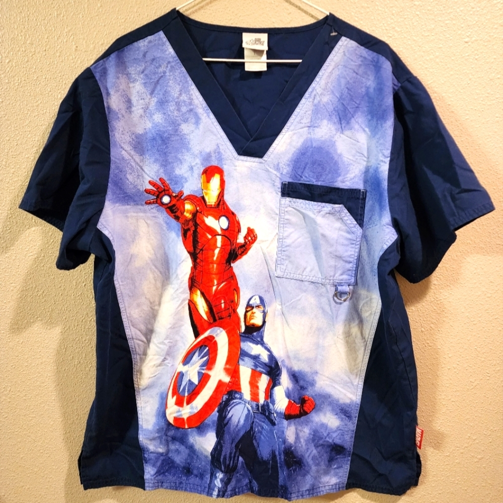 Marvel men's M scrub top with Red Iron Man & Blue Captain America Print